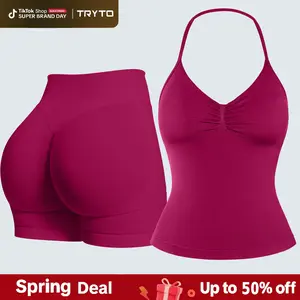 TRYTO Two-Pieces Suit Impact Longline Strappy Top Impact Shorts Sports Yoga Impact Gymwear Tanks Seamless Shorts