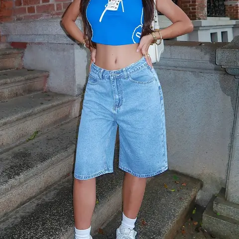 Trendy Women's Bermuda Denim Shorts, Y2K Street Style, Summer Essential Practical Shorts, Daily Wear, Vacation, Music Festival Must-Have, Button, Jeans Shorts