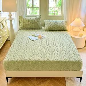 King Queen Size Diamond Pattern Bed Sheet Set, Fitted Sheet, Thick Velvet Fabric, 360 Degree Wraparound, Deep Pocket, Christmas Gift