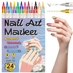 Double Head Nail Art Pen, 12 Colors/24 Colors, 0.5-5mm Brush + 1-2mm Fine Tip, Water-Based Quick Dry, High Saturation Pearl/metal Color