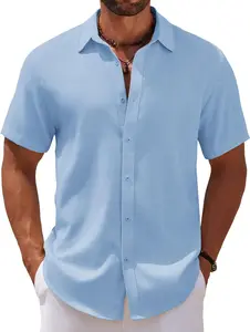 Men's Casual Summer Beach Short Sleeve Button Down Shirt - Linen Textured Button Up for Vacation Wedding Daily Wear Lightweight Breathable Comfortable Style
