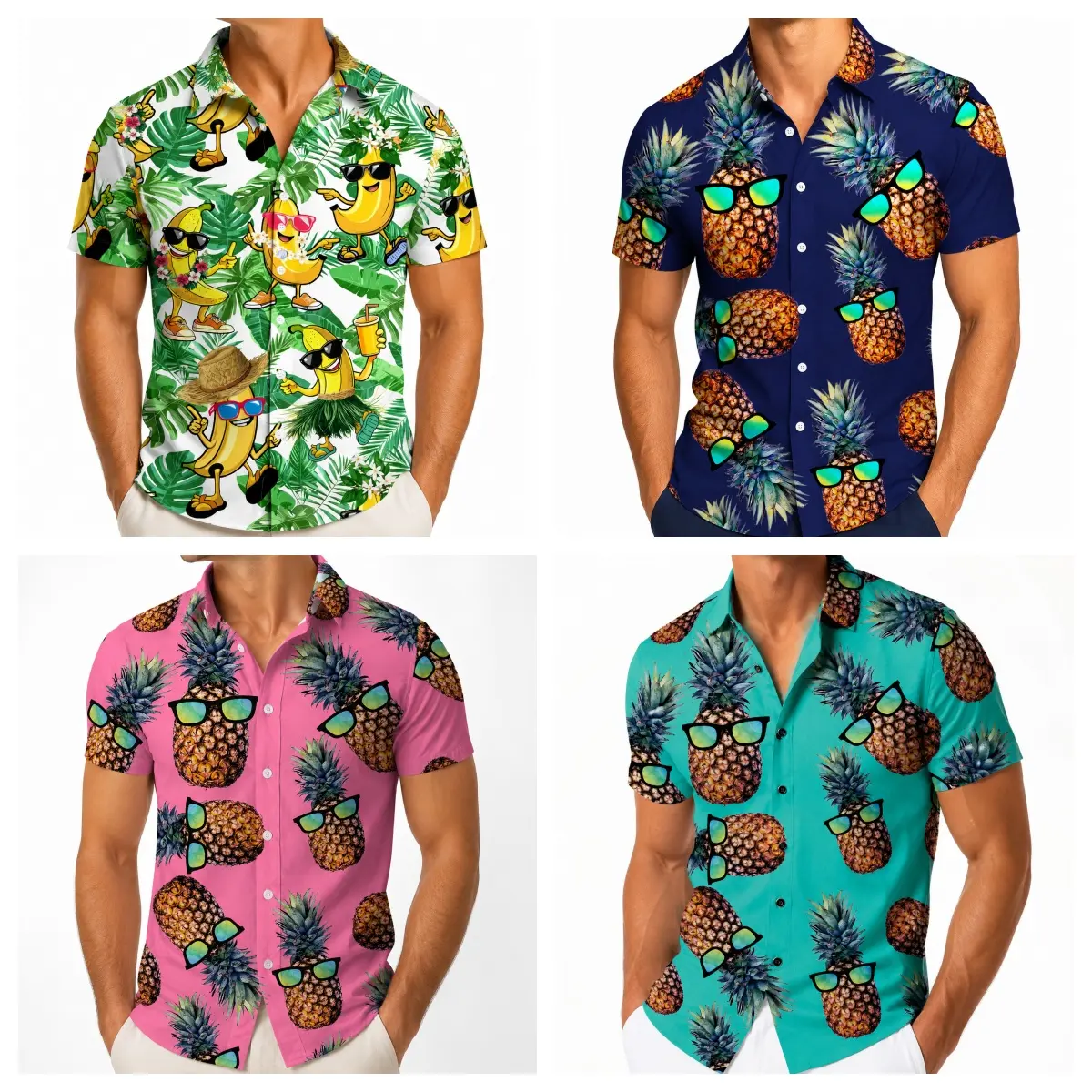 Funny Hawaiian Shirt Tropical Pineapple Sloth Banana Graphic Button Down Short Sleeve Aloha Shirt Breathable Summer Beach Vacation Party Shirt