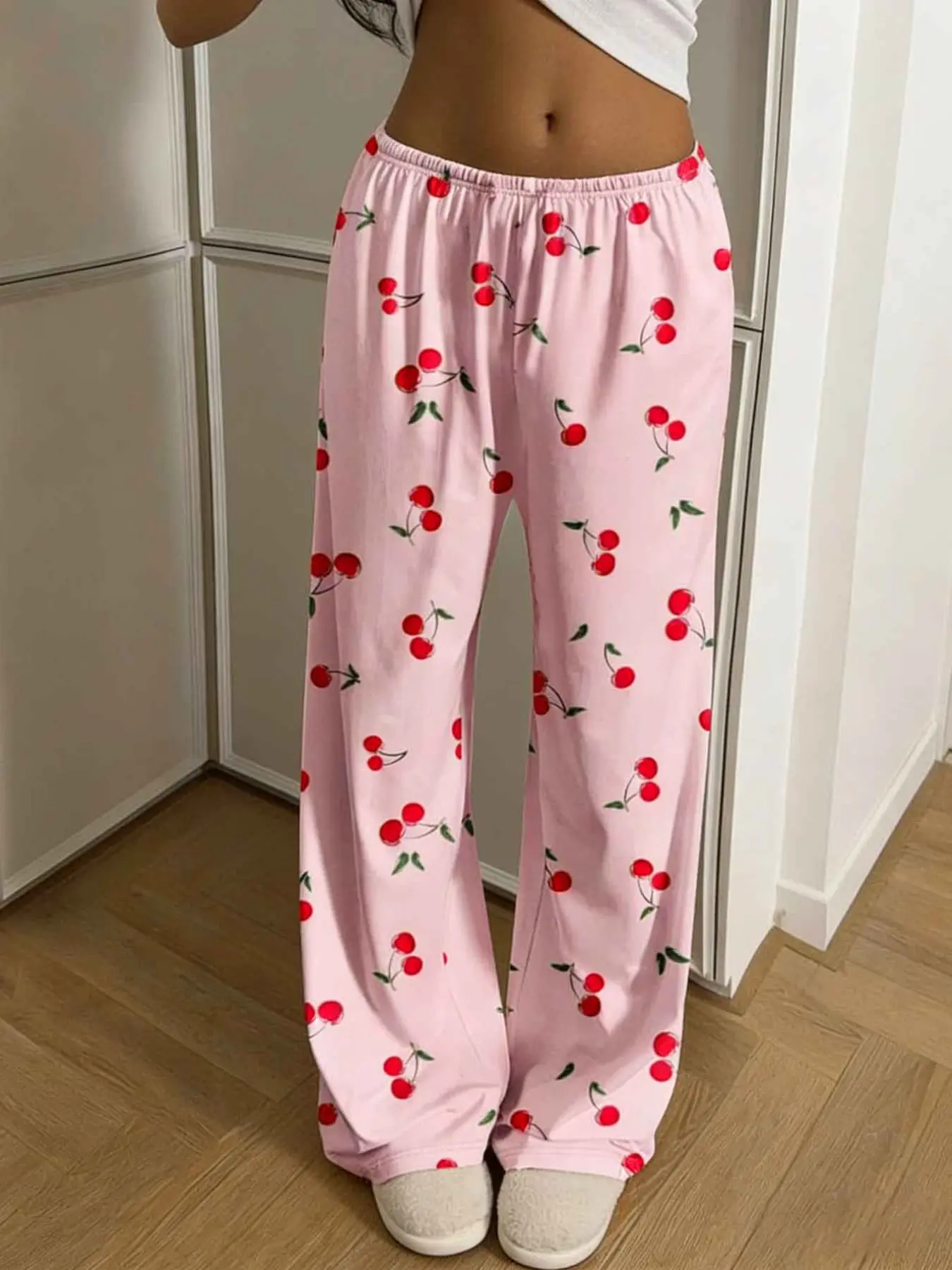 Ladies Pink Cherry Print Long Lounge Pants, Comfortable Sleep Pants for Home Wear, Perfect for Relaxing and Casual Days, Casual Summer Loungewear, Loungewear