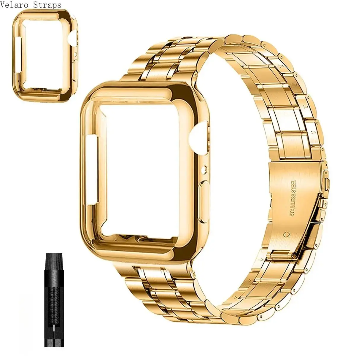 Smartwatch Accessories for Men, Formal Metallic Stainless Steel Wearable Band with Protective Case and Fold-Clasp, Fits 38/40/41/42/44/45mm, Silver Gold, Solid Metal, Multi-Size