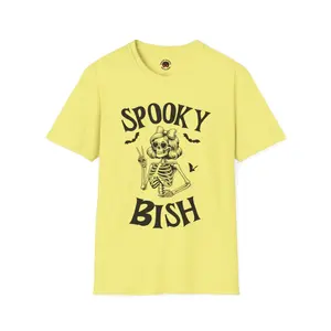 Spooky Bish Skeleton with Sunglasses and Peace Sign Gothic Horror Fun Unisex Softstyle T-Shirt