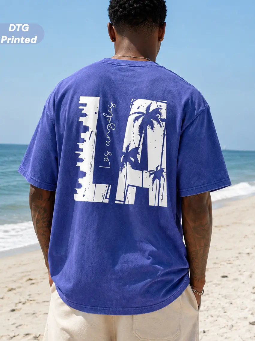 MUSEBEAU Unisex valentine shirts DTG Printed Men's Vintage Palm Tree Graphic T-Shirt - Heavyweight 240G Washed 100% Cotton Short Sleeve Shirt For Women, Double-Sided Retro California Beach Design for Streetwear, Outdoor & Travel, Loose Fit Casual Tee