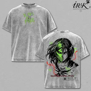 Eren Yeager Vintage Washed Oversized T-Shirt – Attack on Titan Anime Graphic Tee, Titan Founding Power Manga Art Shirt, Casual Streetwear Apparel, Unisex Top, Gift for Attack on Titan Fans