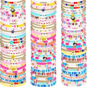 100 count Preppy Heishi Surfer Bracelets Set Colorful Beaded Stretch Bracelets Clay Bracelets for Women Teens
