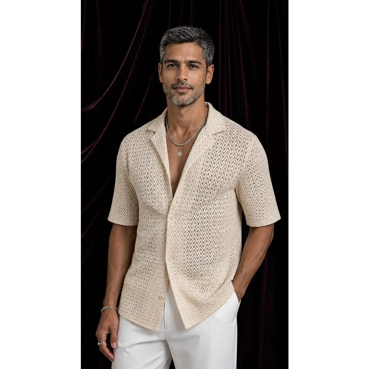 Men's Chevron Knit Shirt, Relaxed Fit Camp Collar Short Sleeve, Breathable Ivory Summer Button Up, Dry Cleaning, Short Sleeve Tops