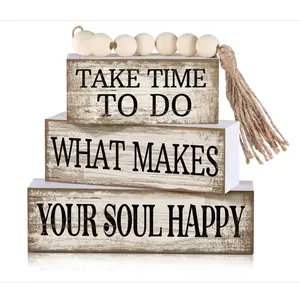 4 Pcs Farmhouse Tabletop Decoration Inspirational Farmhouse Tiered Tray Decor Rustic Retro Wood Bead Garland Take Time to Do What Makes Your Soul Happy Block Centerpiece Sign for Home Shelf