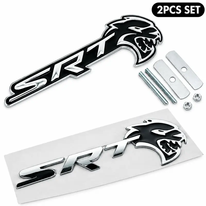 2PC Metal Car Badges For SRT HellCat Front Grille Emblem Rear Tailgate Decal