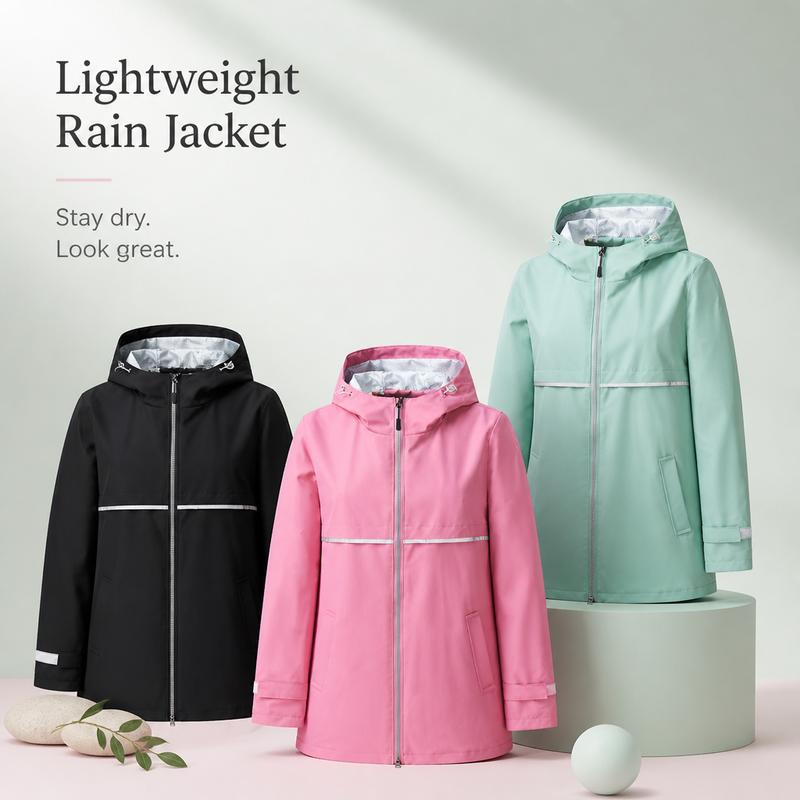 Women's Plain Polyester Hooded Long-Sleeve Rain Coat - Reflective Elements for Visibility, Pull-On Outerwear for Work, Athletic Biker Use, XL Retro Style, No