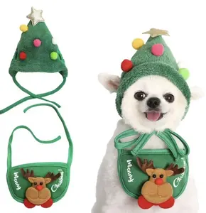 Flocked Green Adorable Cute Christmas Tree Decor Small pet Lace bib 2025 New Adjustable cat  Beanie with Pom pom Pet hat Coverings Holiday Winter Hat for Party &Christmas Gifts