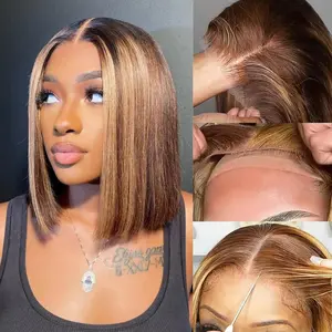 Highlight Glueless Bob Wig Human Hair 4x4 13x4 HD Lace Front Wigs Straight Ombre Brown Bob Lace Front Human Hair Wigs 613 Blonde 99j Burgundy Natural Color