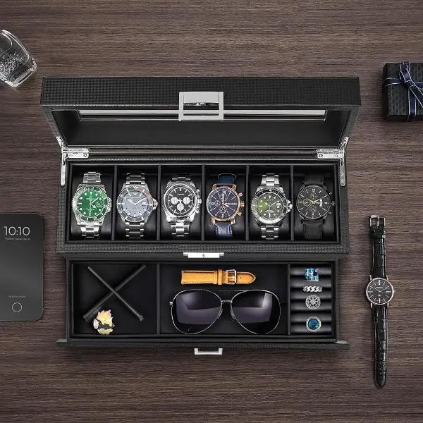 Luxury Gift Jewelry Box - Multifunctional Rectangular Glass Lid Organizer with 6 Pillowlined Slots to Organize Watches, Sunglasses Slot, 2-Layer Storage for Rings/Bracelets, Soft Cushions Guard Watch Faces, Black Dresser Organizer