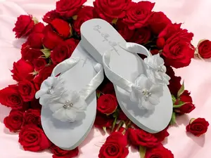 Chiffon, Pearl & Rhinestone Flip Flops, White Low 1 Inch Heel for Bridal Wedding Sandals, Birthday Cruise, Beach Flipflop