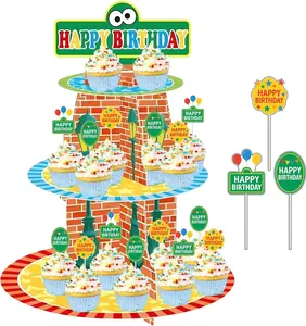 Cartoon Street Three-Tiered Cupcake Stand with 12 Cupcake Toppers, Birthday Party Supplies for Kids, Sturdy Cardboard Dessert Tower for Party Decorations