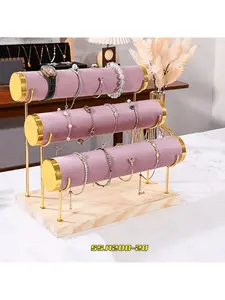 1 Pack 3-Layer Velvet Bangle Bracelet Stand with Detachable Rod Travel Home Jewelry Hanging Organizer for Bangles and Watches Beige Pink