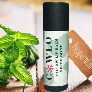 Cowlo Tallow Lip Balm Peppermint - Natural Peppermint Flavor Lip Care Product with Fresh Mint Leaf Design Cooling & Moisturizing Handmade in USA