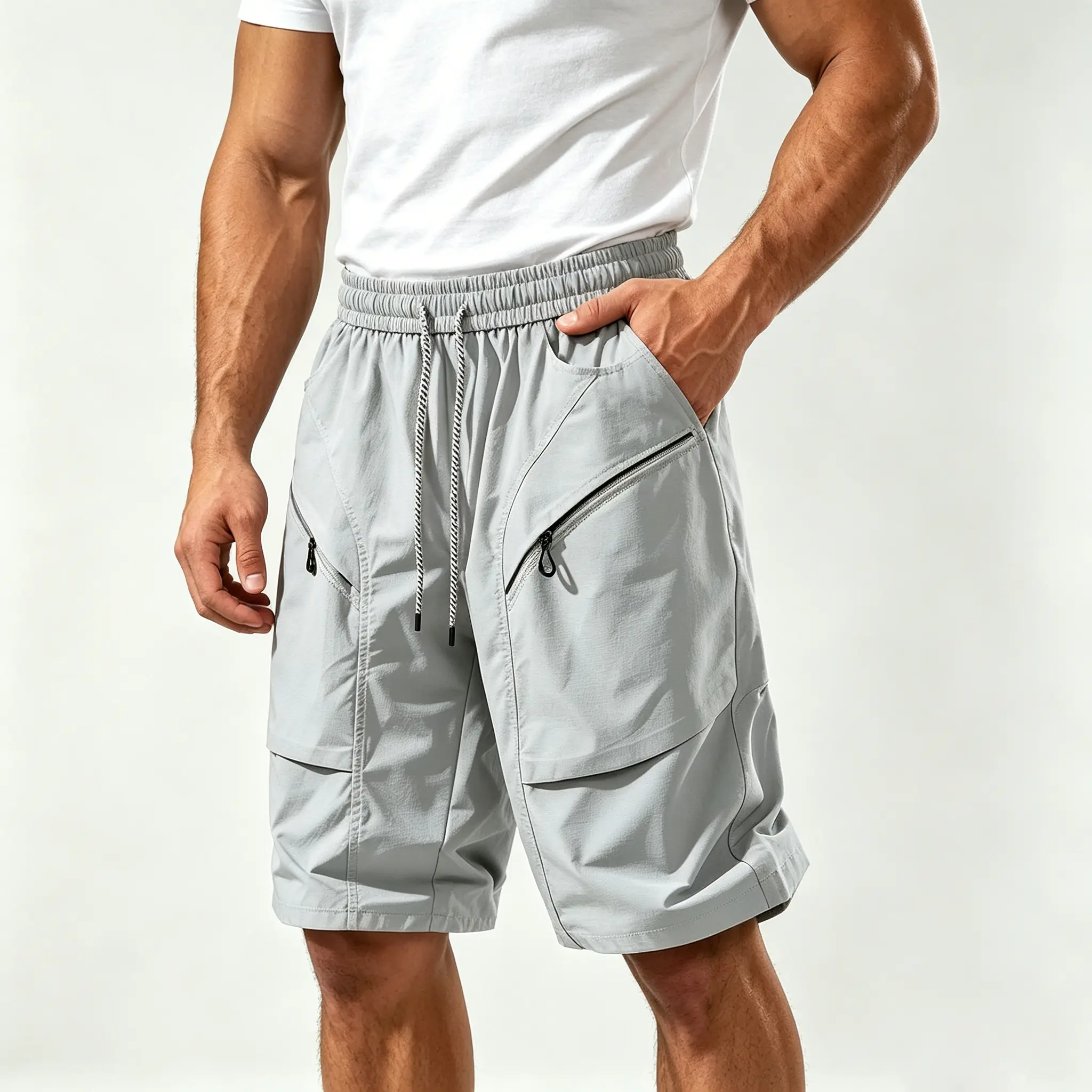 Men's Quick-Drying Woven Workwear Cargo Shorts - Elastic Waist, Drawstring, Wide-Leg Relaxed Fit, Large Pockets, Streetwear-Sporty Chic, for Students, Campfire/BBQ Party, Tops-Sweatshirts Outfits Inspo