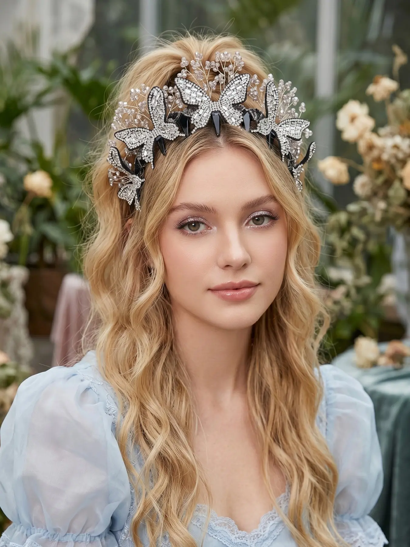 Vintage Baroque Rhinestone Butterfly Hairband, Handmade Beaded Comb Headpiece, Sweet Cool Dark Bride Wedding Princess Party Glamour Accessory