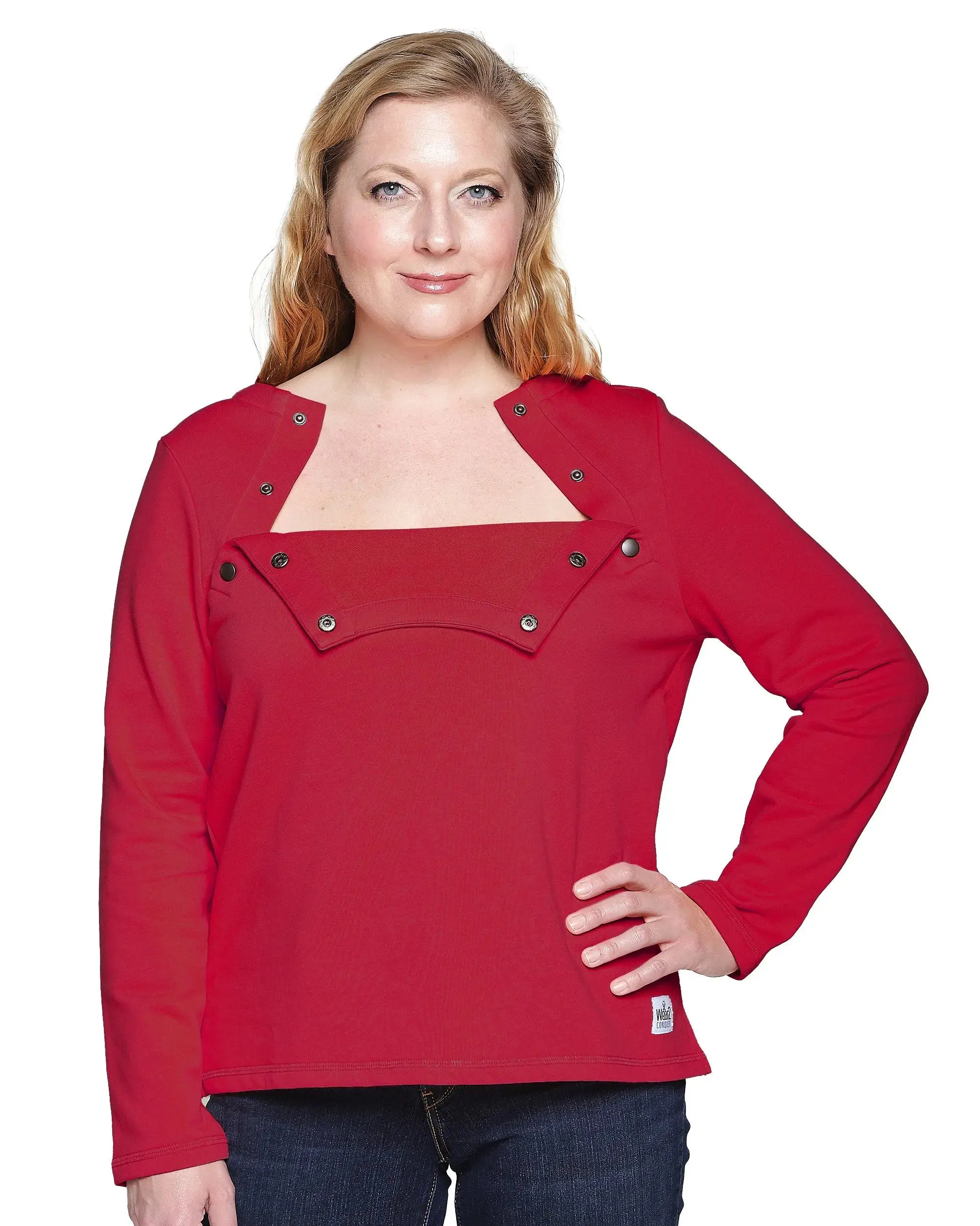 Women’s Adaptive Chemo & Dialysis Sweatshirt – Chest Port Access – Ruby | Comfortable Infusion & Treatment Top – Wear 2 Conquer
