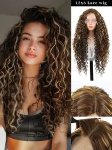 24 Inch Black Brown Silky Synthetic Long Ocean Wave Wavy Hair, Deep Wavy Wigs, Natural Wig, Lace Frontal Wig, Hawaii Curly, 13x6 HD Curly Lace Front Wigs, For Women, With Adjustable Straps for Daily Wear Christmas Halloween New Year Carnival Music Festiva