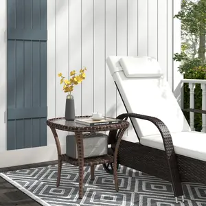 Outdoor Wicker Coffee Table - Hand-Woven Mix Brown Design with Water-Ripple Glass Top and Storage Shelf, Outdoor Side Table