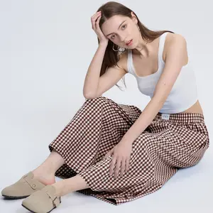 LOMON Womens Wide Leg Capri Pants Cotton Gingham Plaid Culottes Summer Elastic Waist Palazzo Trousers Bottoms with Pockets corporate