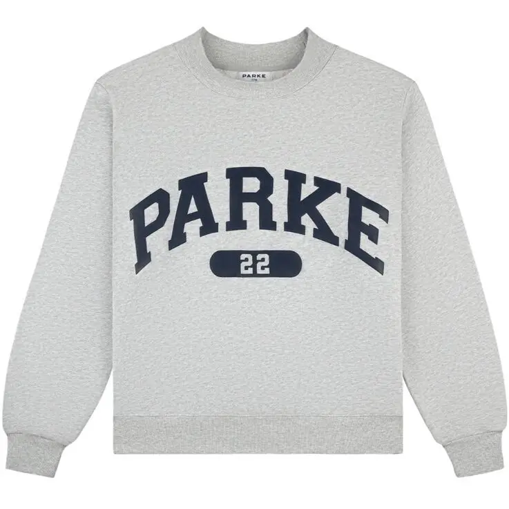 Heavyweight Heather Grey PARKE Letter Embroidered Crewneck Sweatshirt, Long‑Sleeve Loose Casual Pullover Top for Women