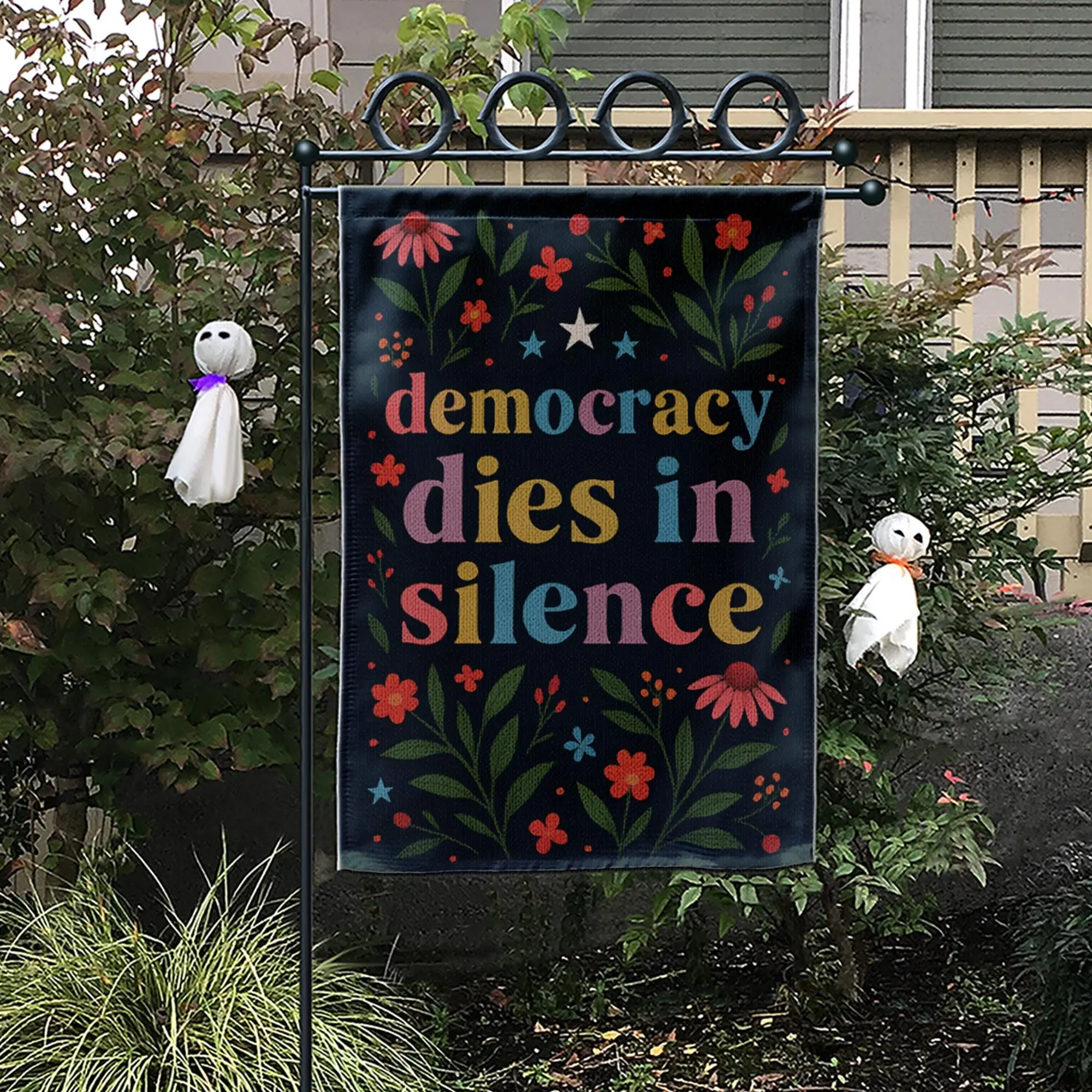 Democracy Dies in Silence Garden Flag, Political Floral Yard Banner, political flag, democracy sign, resist banner, bold message flag, speak up flag