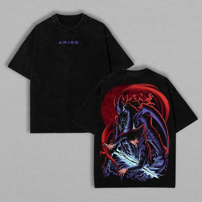 Sung Jin Woo x Solo Leveling Igris, Beru, Tusk Anime Merch Double Printed Vintage Oversized Tee & Hoodie Heavyweight Cotton Gift for Anime Fans Lovers