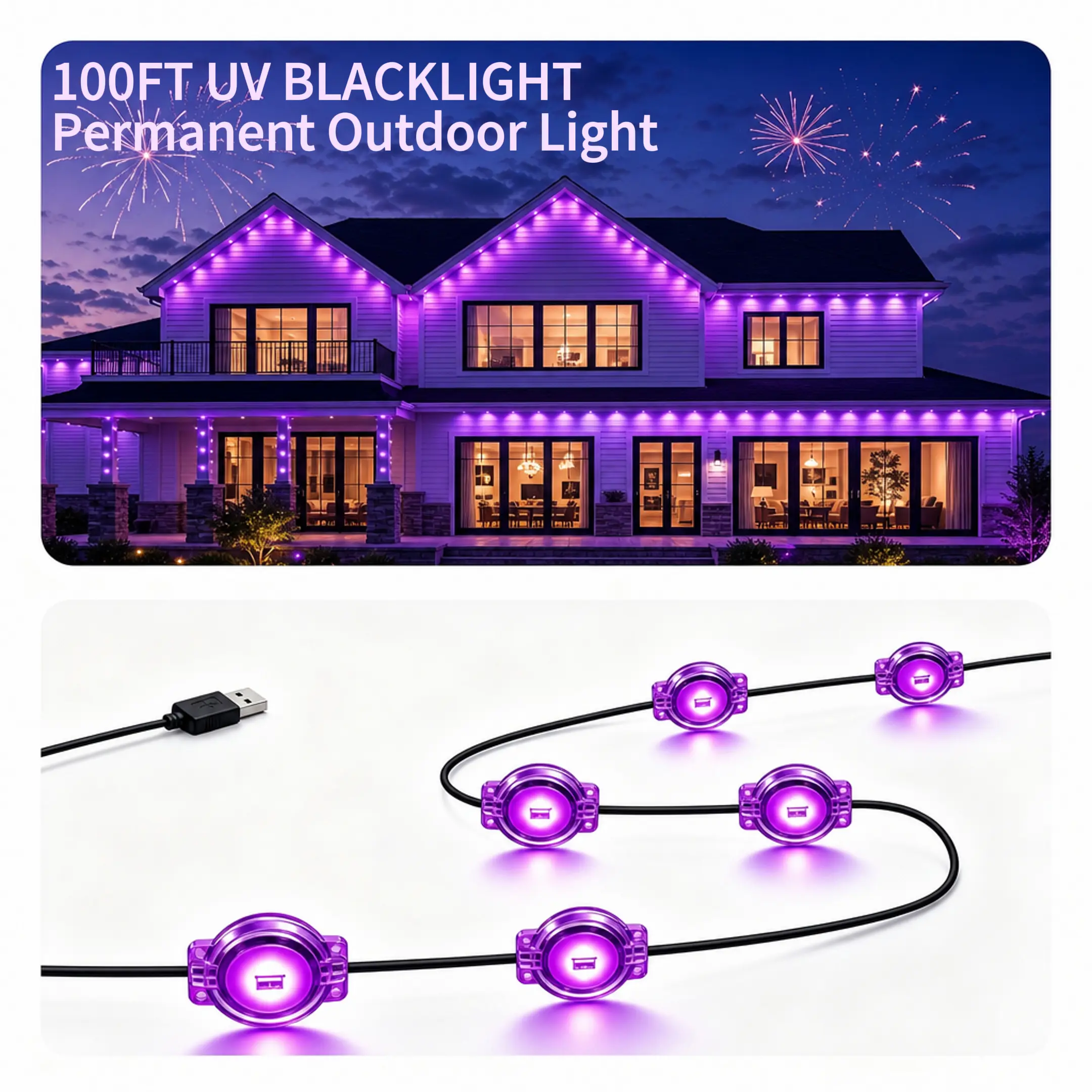 [SUNWUKO] 395nm UV LED Black Light Strip, IP67 Waterproof USB-C Powered, 30ft/50ft/100ft Permanent Outdoor Eave Lights for Fluorescent Glow Party, Halloween, House Roof & Garden Decor