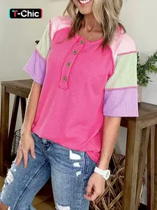 Hotapei Summer Casual Twisted Ribbed Colorblock Henley Short Sleeve Fitted Pullover Women's T-Shirt Tops, Womenswear, Stylish and Comfortable, Perfect for Daily Wear