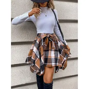 Women's Asymmetrical Hem Plaid Skirt Comfortable Bottoms Fabric