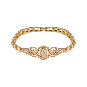 Mob Wife Aesthetic Virgin Mary Bracelet 18K Gold Plated Hollow Flower Geometric Watch Link Chain Religious Faith Jewelry Catholic Charm Spiritual Gift for Women Mom