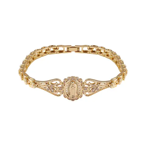Women's 18K Gold-Plated Copper-Base Virgin Mary Bangle - Faithful & Floral Hollow Flower Motif, Sacred Geometric Chain, Unisex Spiritual Jewelry, Metal Coating Daily Catholic Faith Gift Costume Bracelet