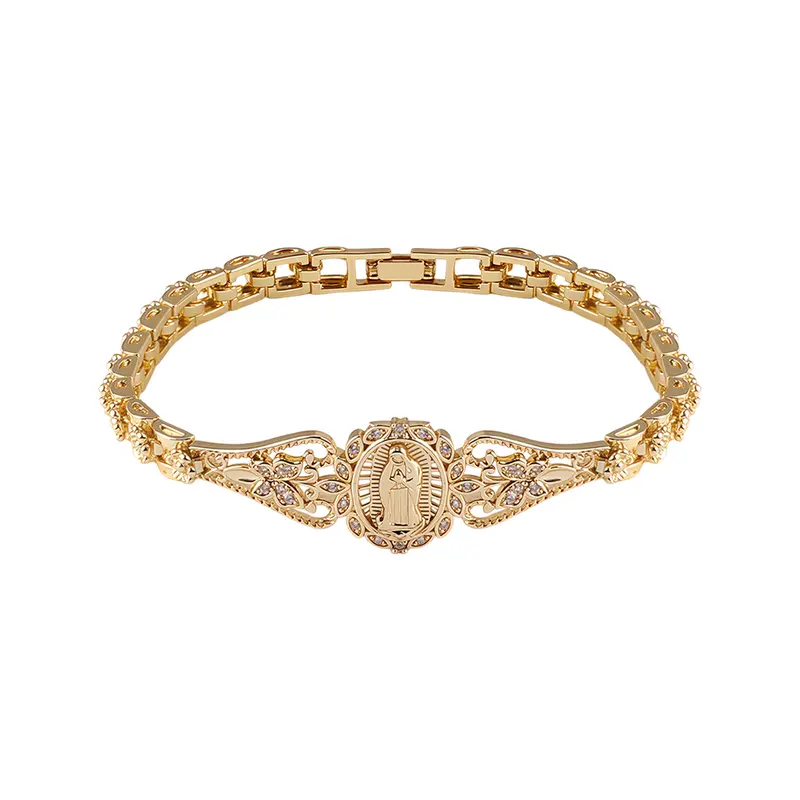 Women's 18K Gold-Plated Copper-Base Virgin Mary Bangle - Faithful & Floral Hollow Flower Motif, Sacred Geometric Chain, Unisex Spiritual Jewelry, Metal Coating Daily Catholic Faith Gift Costume Bracelet