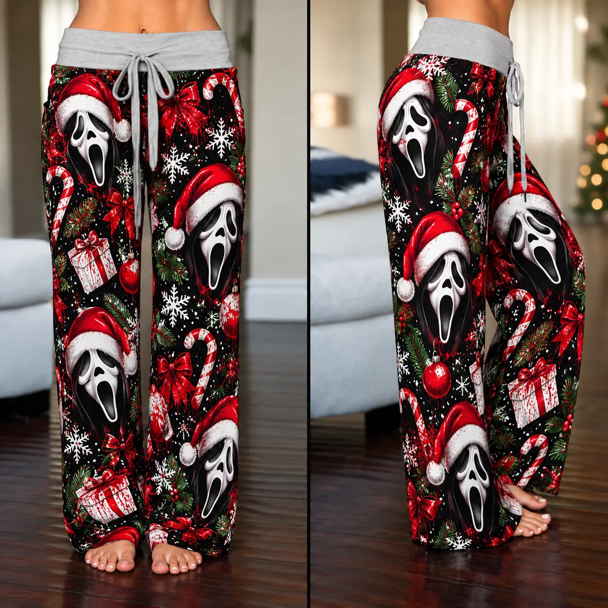 Ghostface Scream Christmas Pajama Pants, Santa Hat Horror Mask Print Wide Leg Lounge Pants, Funny Spooky Xmas Sleepwear, Red Black Candy Cane Snowflake Holiday Drawstring Pants for Women and Men