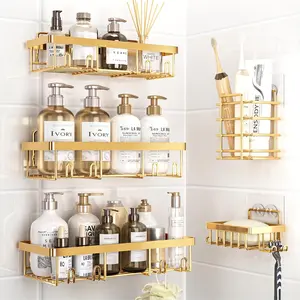 Shower Caddy Organizer Rack Shelf for Inside Shower, Self Adhesive Wall Storage Basket Rustproof Stainless Steel Shampoo Holder Bathroom Accessory Decor Set, Gold