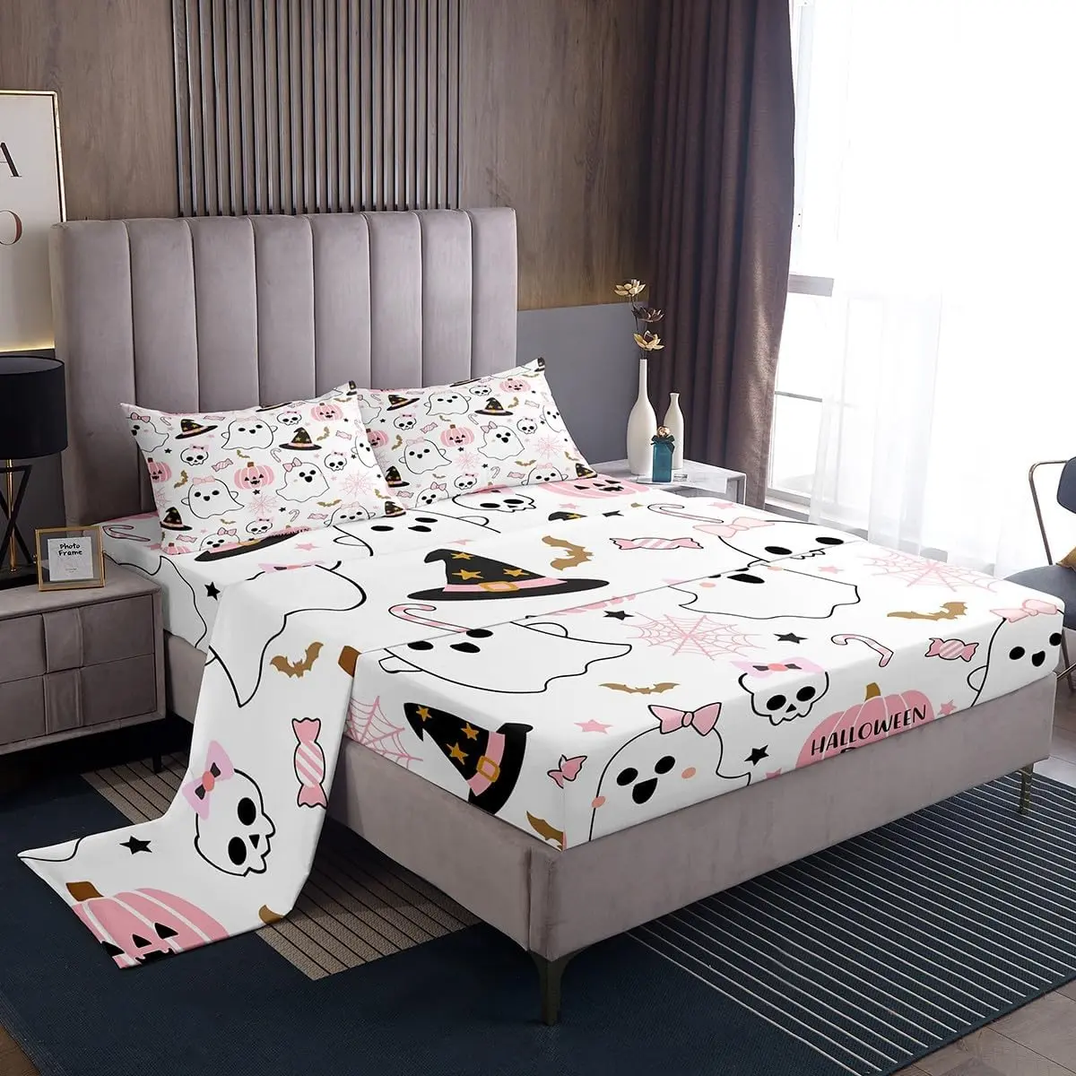 Feelyou Durable Microfibre Bedding Set with Fitted Sheet - Halloween Ghost Print, Blush Pink Kawaii Linens, Breathable, Machine Washable, for Family (Single/Queen), Multi-Size