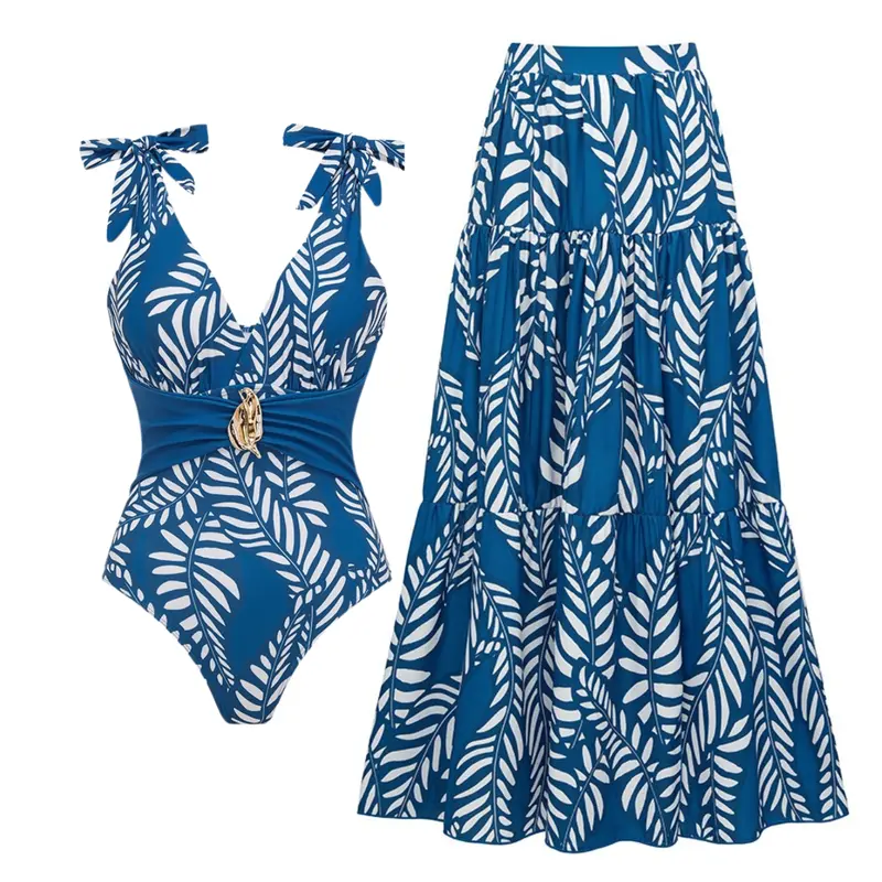 FLAXMAKER Women's Tie-shoulder Blue Leaves Print One Piece Swimsuit and High Side Slit Maxi Skirt Set Swimdress Beachwear Bathing Suit#Summervibes outdoorfun #SwimWeek