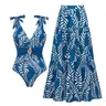 FLAXMAKER Women's Tie-shoulder Blue Leaves Print One Piece Swimsuit and High Side Slit Maxi Skirt Set Swimdress Beachwear Bathing Suit#Summervibes outdoorfun #SwimWeek