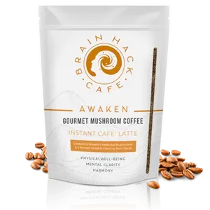 Brain Hack Café Awaken Latte – Instant Mushroom Coffee Powder with Functional Mushrooms, Coconut Creamer & Brown Sugar 400g (20 Servings, Plant-Based & Dairy-Free)