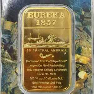 1857 KELLOGG & HUMBERT Half-Ounce SS Central America – Eureka Bar Commemorative .9999 Pure SSCA Gold UNC – SHIPWRECK
