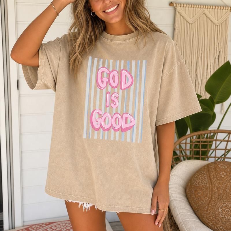 God Is Good Christian Graphic Tee for Women, Washed Cotton Oversized Faith Shirt S-5XL
