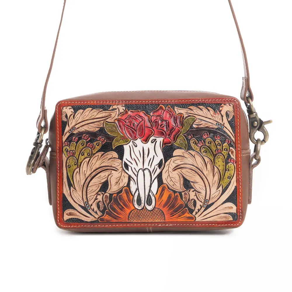 Women's Western Tooled Leather Satchel - Floral Embossed, Steer Skull Design, Adjustable Crossbody Sling Bag, Leather Handbag Shoulder Bag, Leather Shoulder Bags