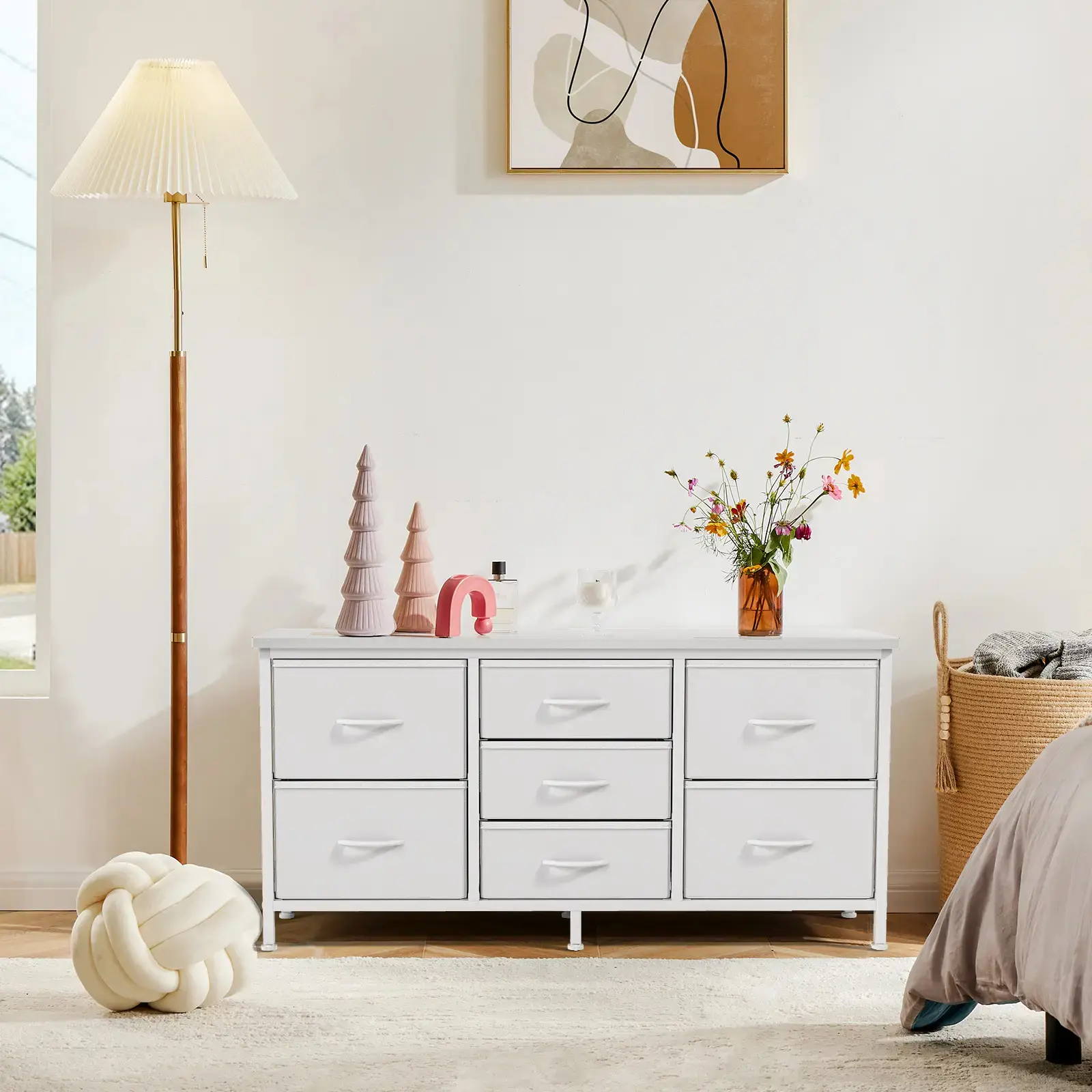 7-Drawer Fabric Dresser TV Stand for 43-55 Inch TV, Wide Storage Cabinet with Sturdy Metal Frame, Fabric Chest of Drawers for Bedroom, Living Room, Apartment