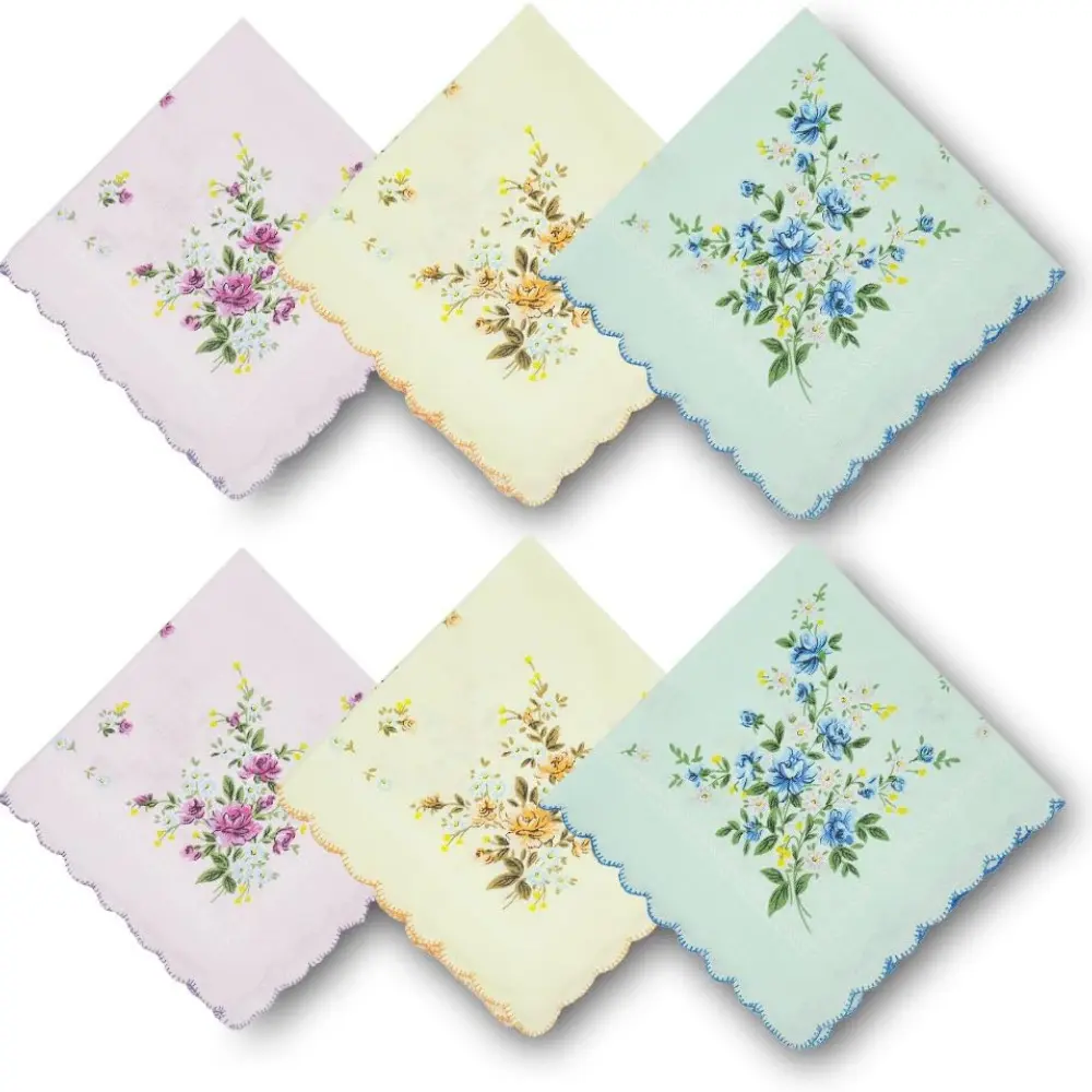 Unisex Polyester Soft Square Handkerchiefs Set (6-Pack Assorted Pure Floral Print, 11x11in Wavy Edges) - Breathable Fashion Accessories for Daily Carrying, Mother of the Bride Use, Mother's Day, Unisex Set, Square Shape