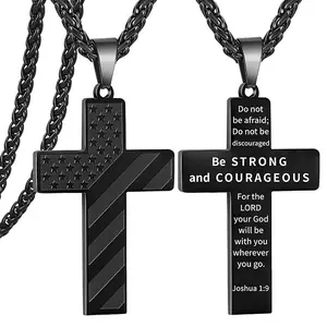 Fathers Day Gift 22 Inch Cross Necklace Bible Fresh Stainless Steel American Flag Pendant Chain for Men Jewelry Gift